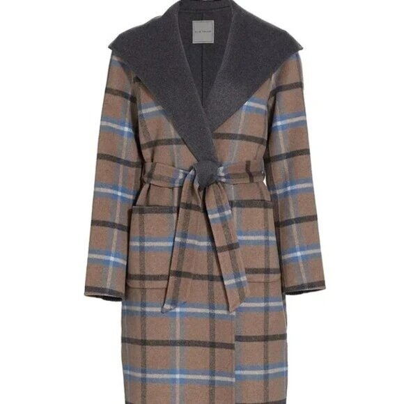 Elie Tahari Jackets & Blazers - Elie Tahari Wallace‎ Plaid Full-Length Wrap Coat Womens L Cathedral Blue Preppy